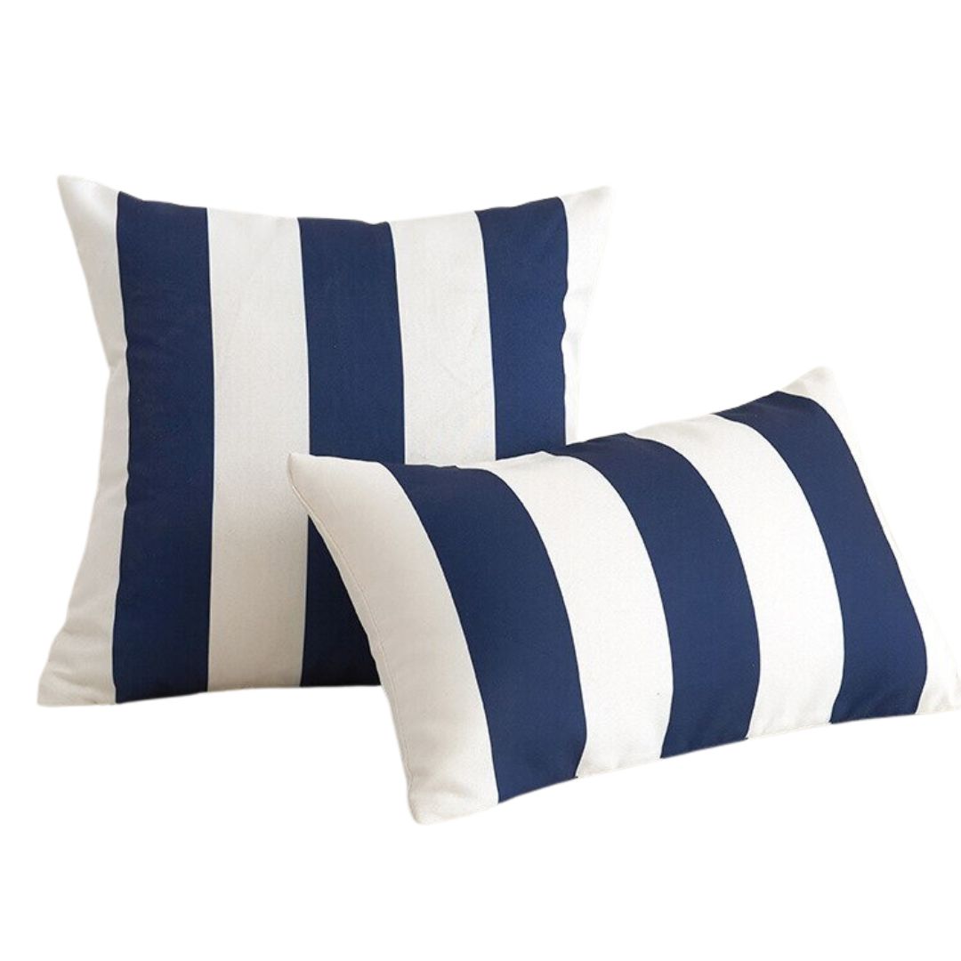 Navy blue and white striped outdoor cushions sale