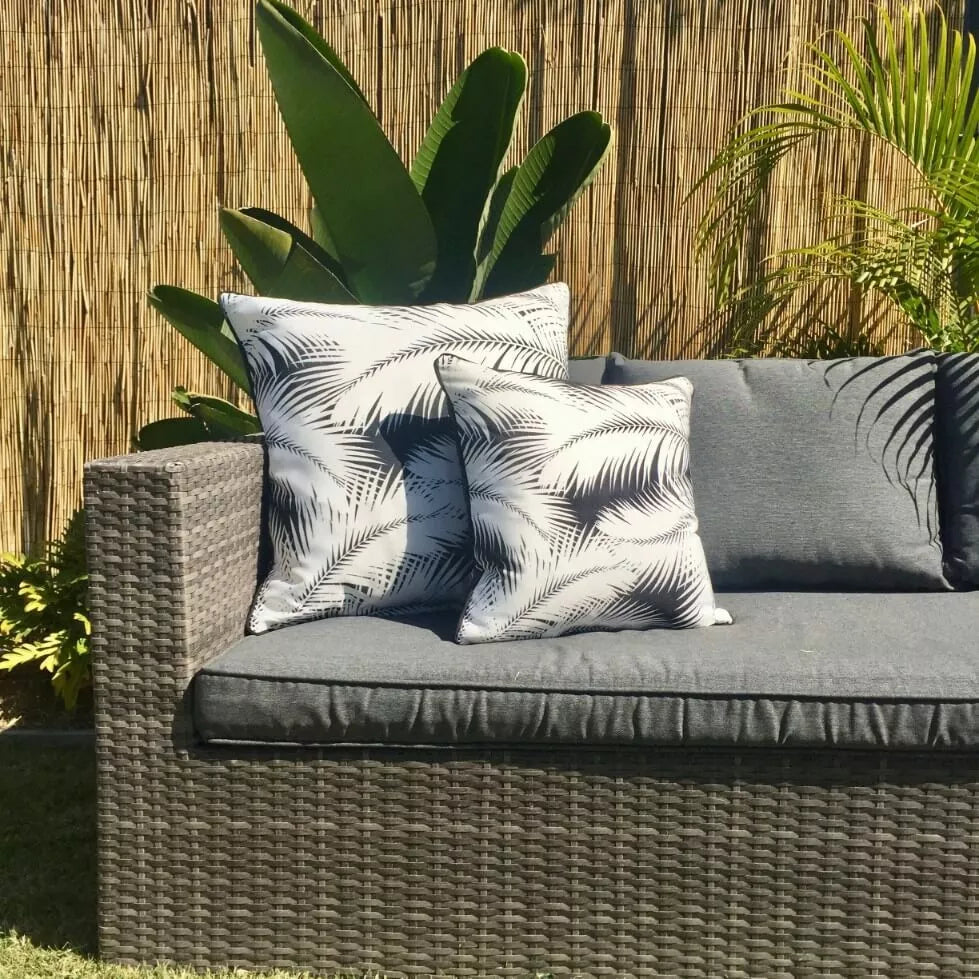 Byron Bay UV Waterproof Palm Leaf Cushion Cover Piped Black + White 60cm