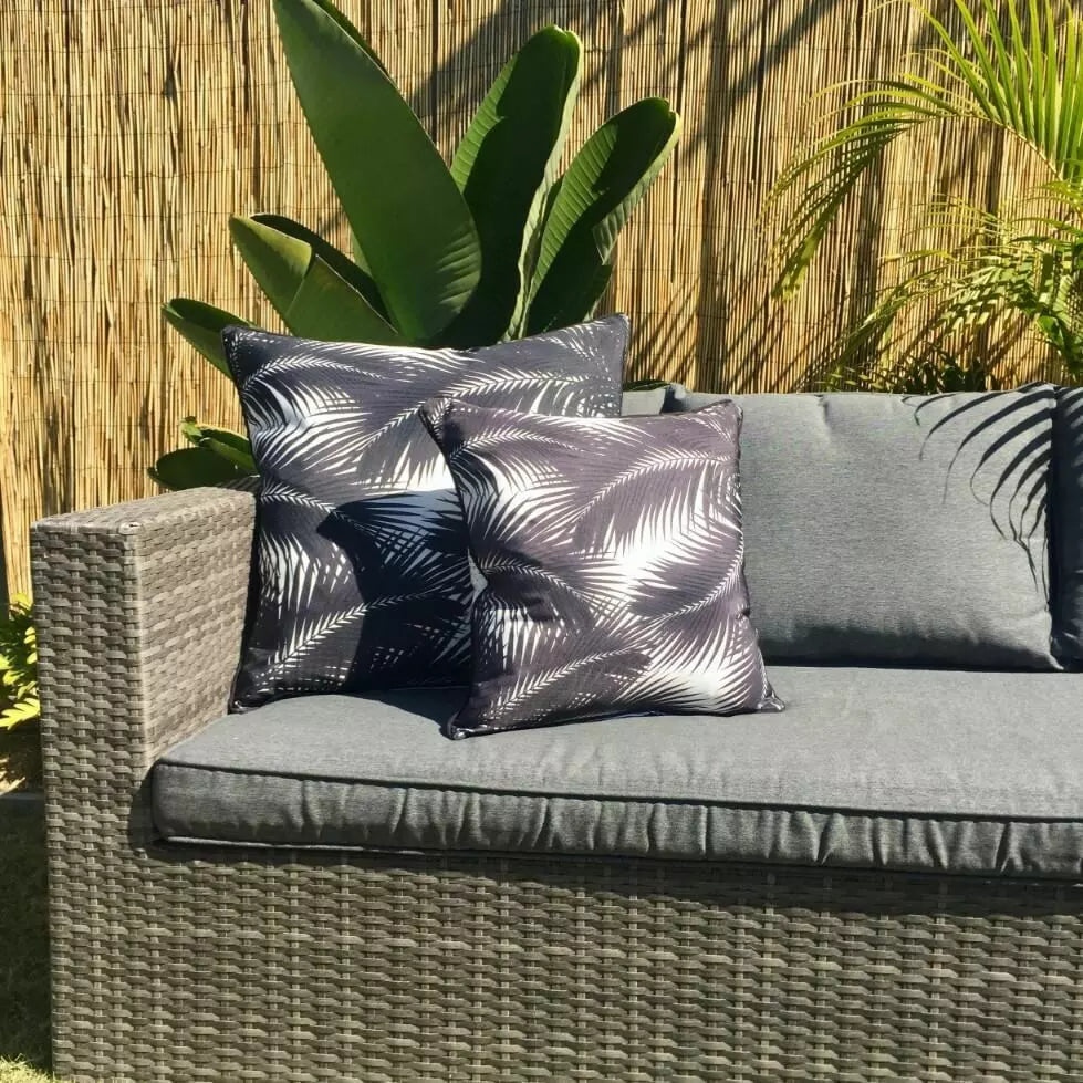 Byron Bay UV Waterproof Palm Leaf Cushion Cover Piped Black + White 60cm