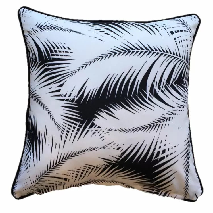 Byron Bay UV Waterproof Palm Leaf Cushion Cover Piped Black + White 60cm