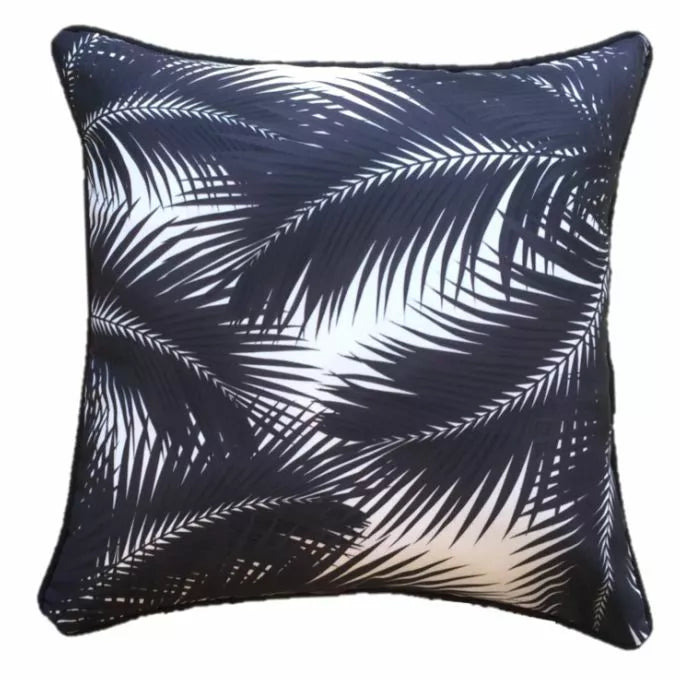 Byron Bay UV Waterproof Palm Leaf Cushion Cover Piped Black + White 60cm