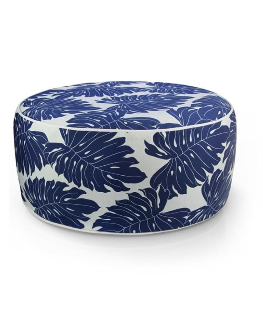 Cairns Outdoor Waterproof Tropical Inflatable Ottoman Navy White Leaf