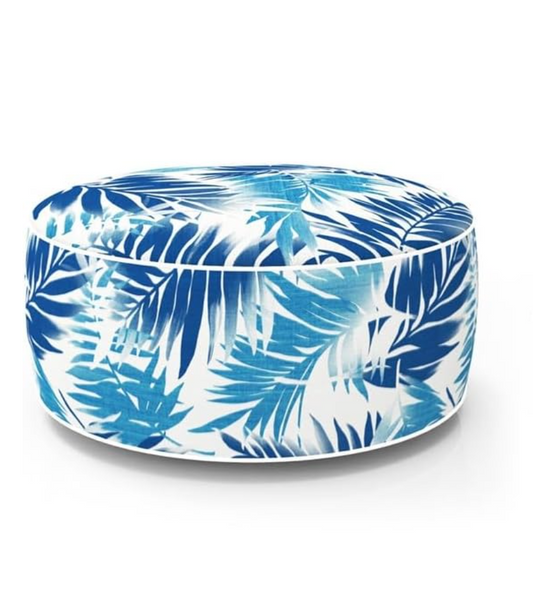 Cairns Outdoor Waterproof Tropical Inflatable Ottoman Blue White Palm