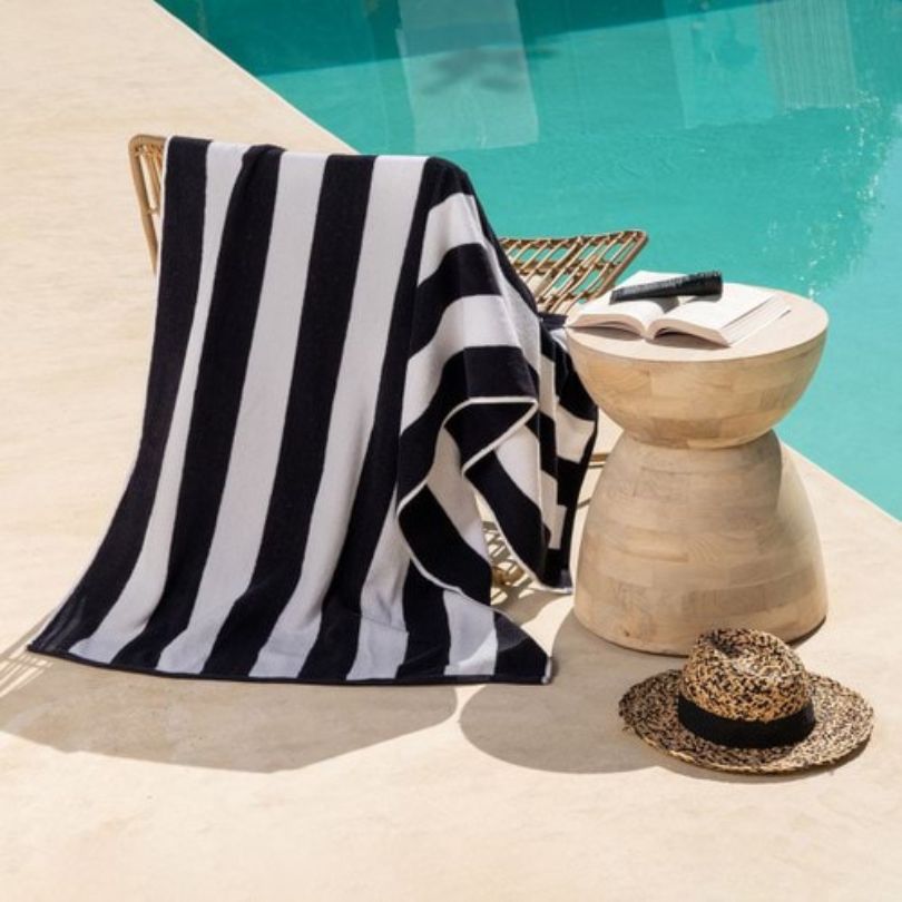 Hamptons Large Beach Towel Black White Stripe