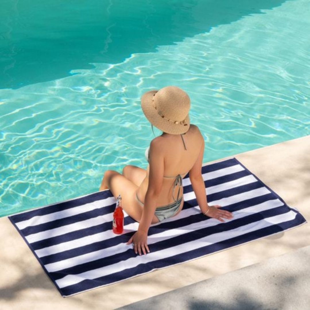 Hamptons Large Beach Towel Navy Blue White Stripe