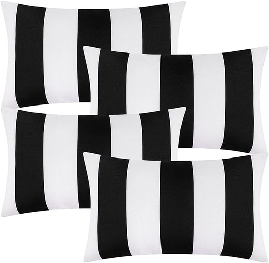 Hamptons Outdoor Waterproof Cushion Cover Black Thick Stripe Lumbar Set of 4